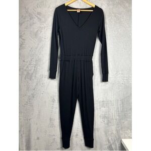 Smash + Tess Womens Ribbed Knit V-Neck Long Sleeve Jumpsuit Romper Black 2XS